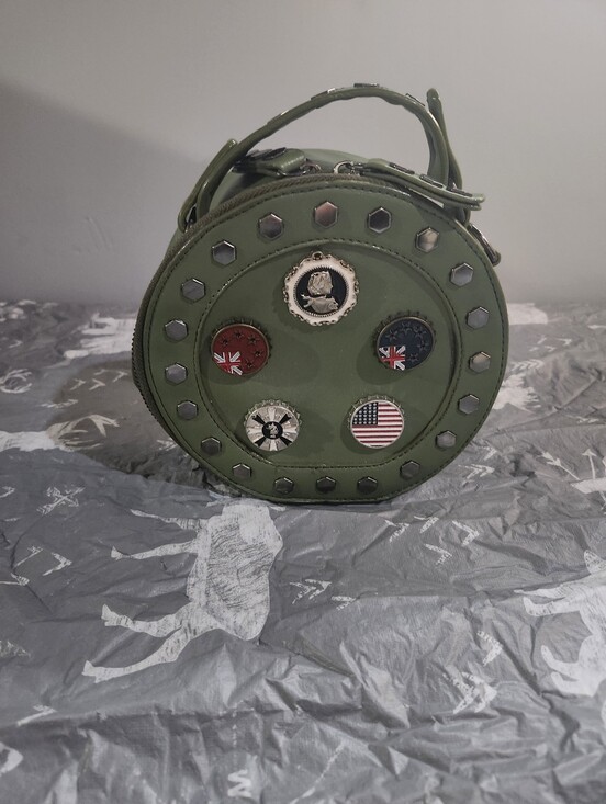 Handbags - Round Olive Green Studded Crossbody with Badge Accents